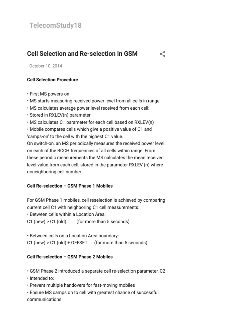 GSM Cell Selection and Reselection Guide | PDF | Digital Technology ...