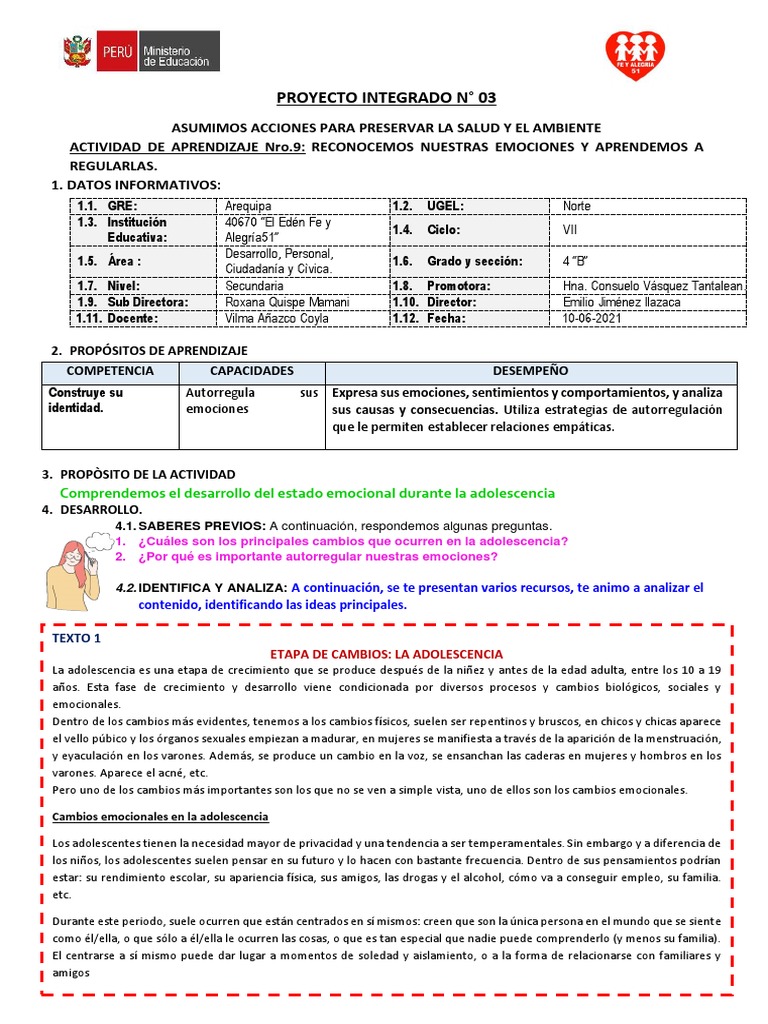 Actividad Aprendizaje 9 DPCC Cuarto | PDF | Las emociones | Adolescencia