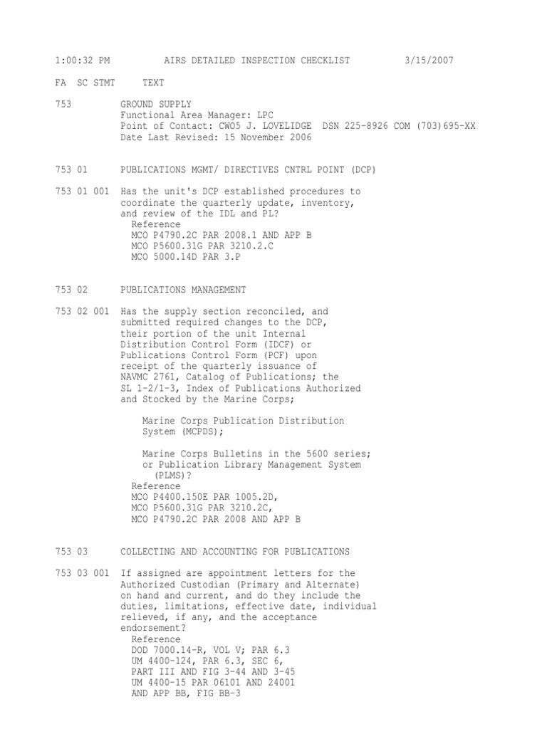 USMC AIRS Inspection Checklist 2024 | PDF | U.S. Securities And ...