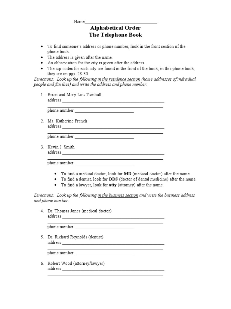 Alphabetical Order Telephone Book Telephone Number Dentist