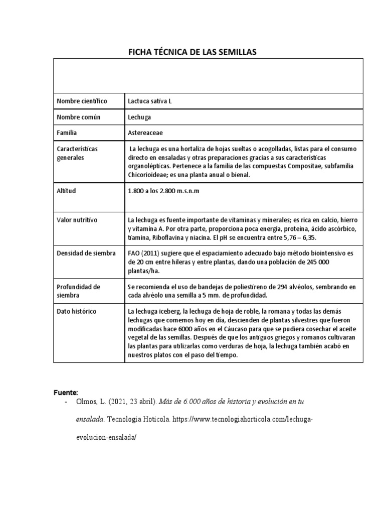 Ficha Técnica de la Lechuga | PDF | Lechuga | Siembra
