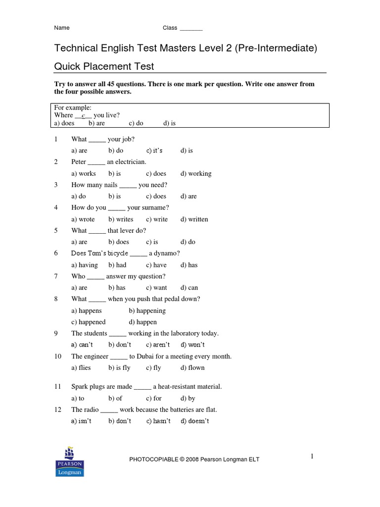 Technical English 2 Quick Placement Test | PDF | Radio | Manufactured Goods