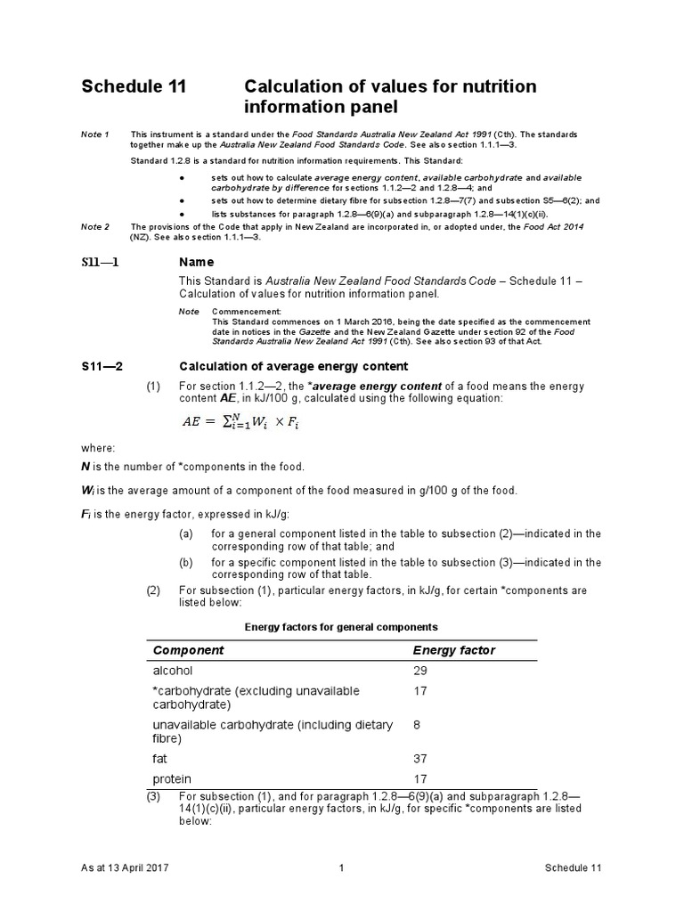 Schedule 11 Calculation of Values For Nutrition Information Panel PDF