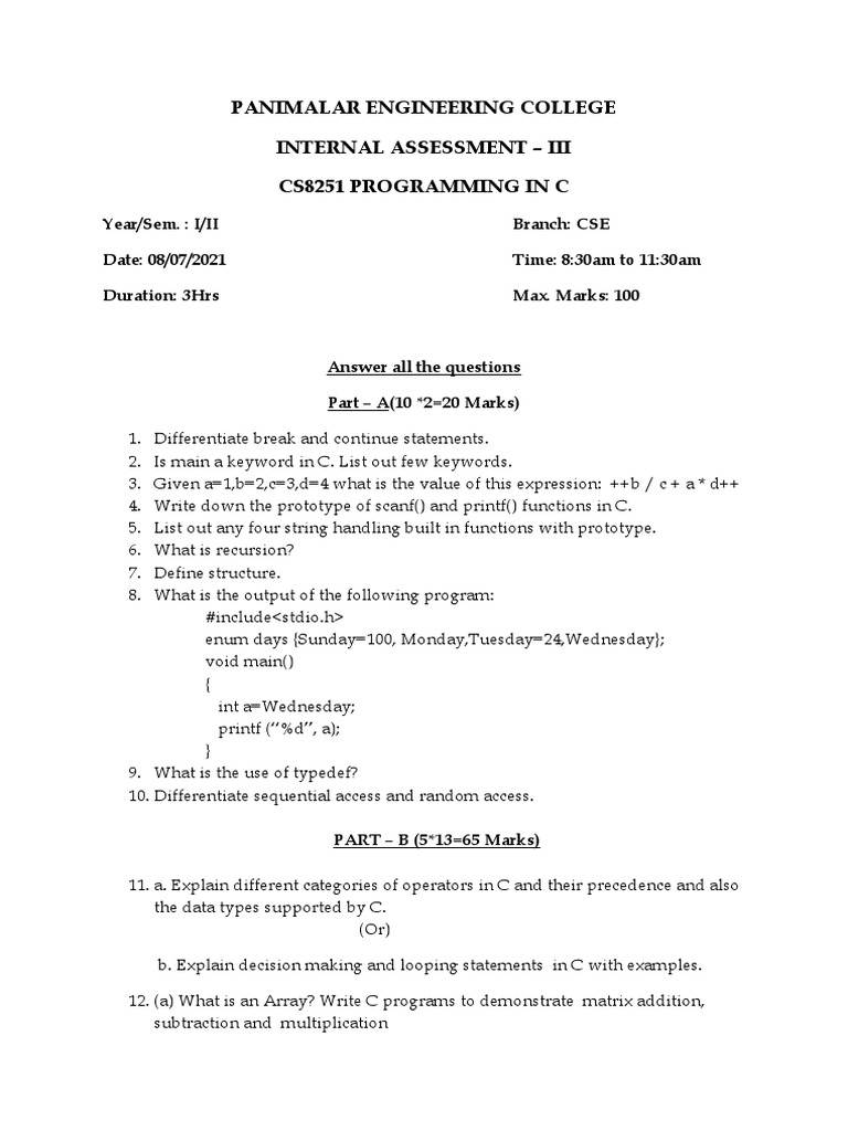Panimalar Engineering College Internal Assessment - Iii Cs8251 ...