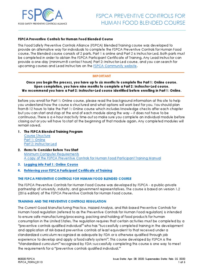 Fspca Preventive Controls For Human Food Blended Course | PDF | Food ...