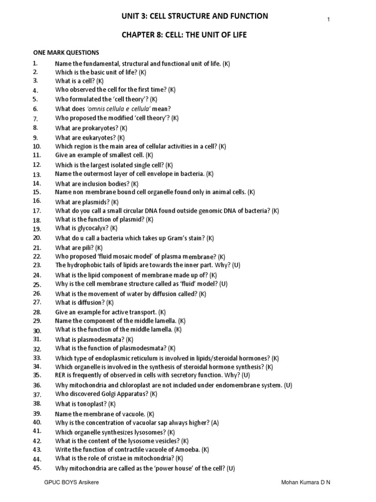 Unit 3: Cell Structure and Function Chapter 8: Cell: The Unit of Life ...