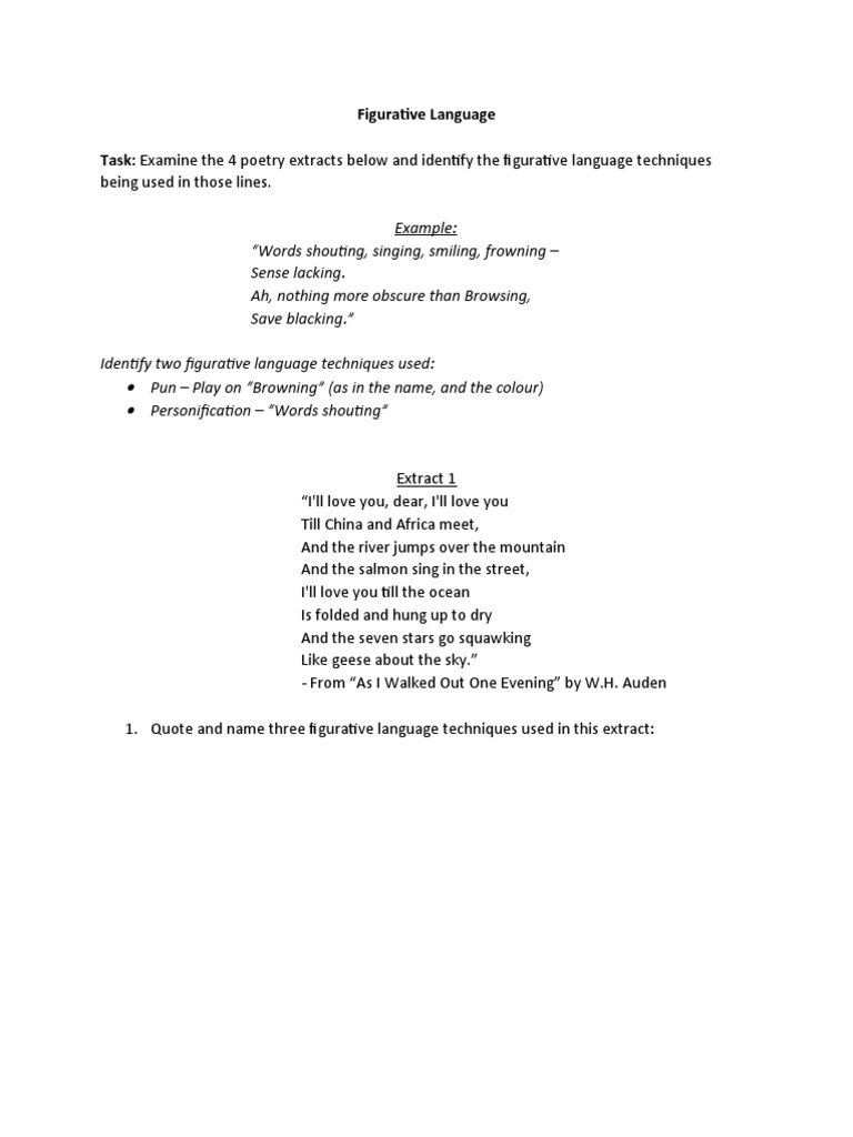 Figurative Language Task Examine The 4 Poetry Extracts Below and
