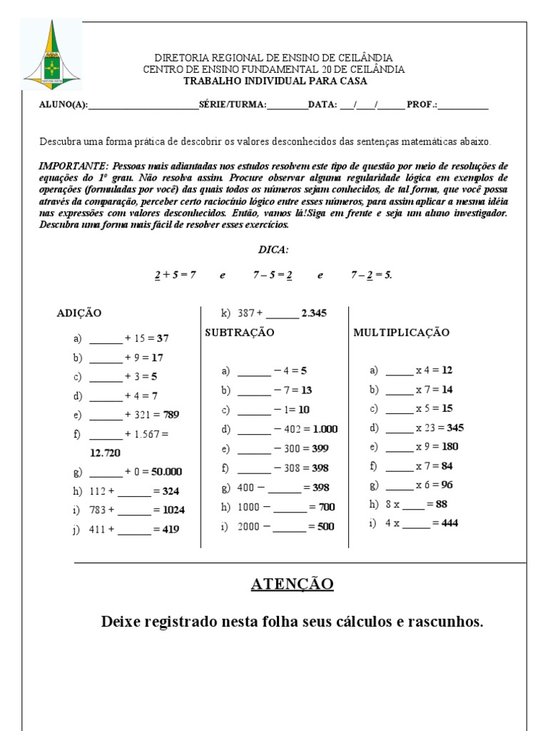 Atividades de Operação Inversa 5º Ano | PDF | Formalismo (dedutivo ...