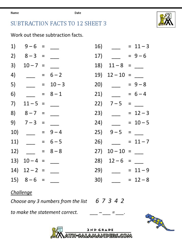 Subtraction Facts To 12 Sheet 3 | PDF
