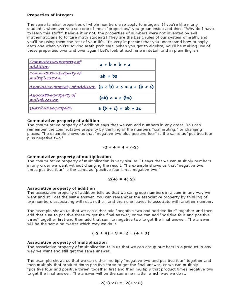 Properties of Integers, PDF, Multiplication
