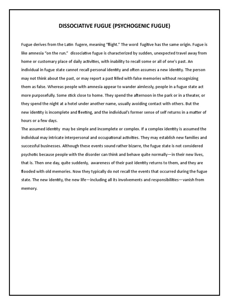 Dissociative Fugue (Psychogenic Fugue) PDF Dissociation (Psychology
