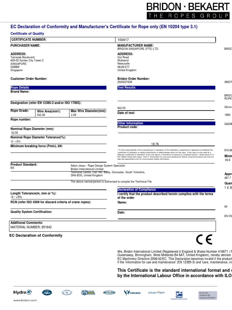 Ec declaration of conformity and manufacturer s certificate for rope
