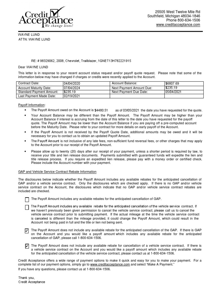 Credit Acceptance Payoffquote PDF Rebate (Marketing) Bribery