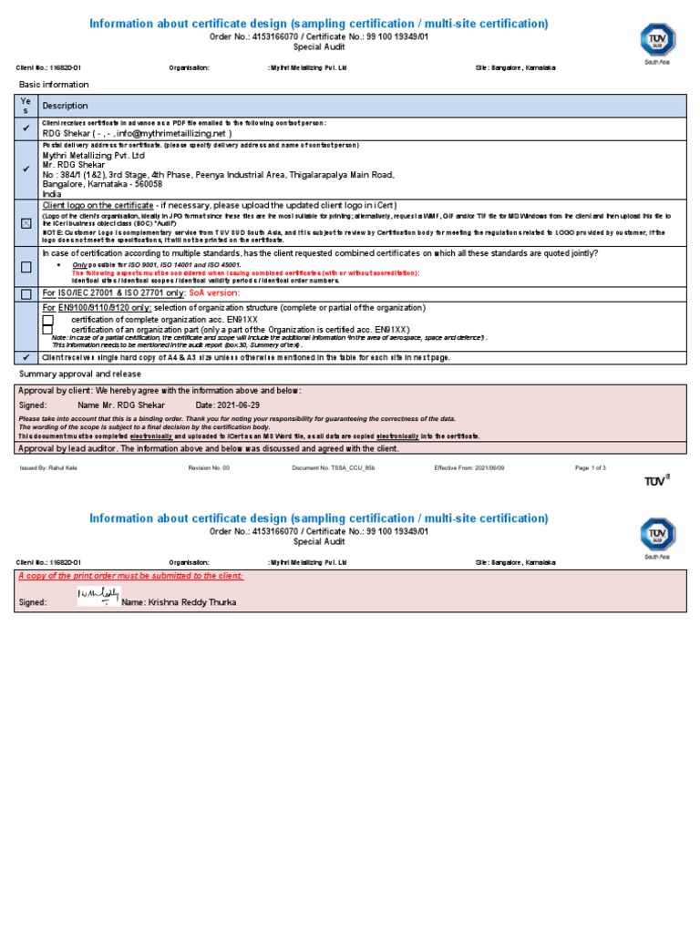 TSSA - CCU - 85b Multiple Site Print Order Certificate | PDF | Iso 9000 ...