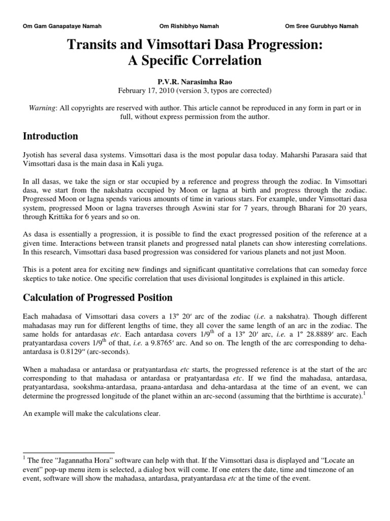 Transits and Vimsottari Dasa Progression: A Specific Correlation | PDF