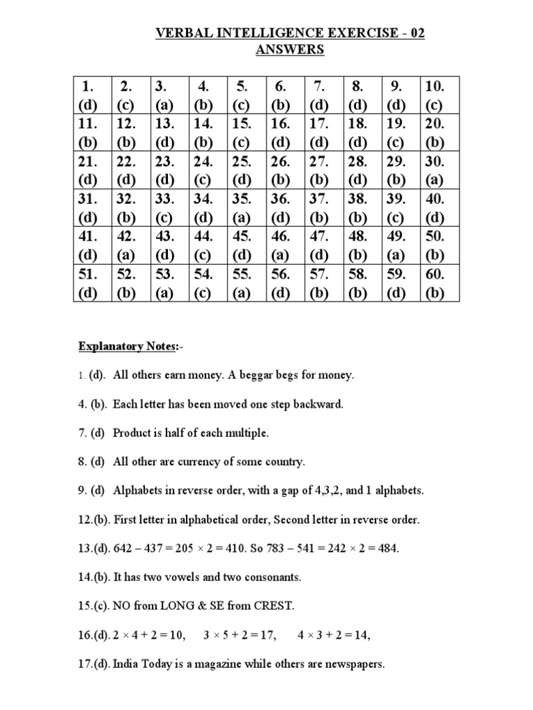 Verbal Intelligence Exercise Answers | PDF | Language Families | Human ...