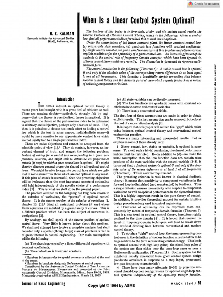 When Is A Linear Control System Optimal | PDF | Mathematical ...