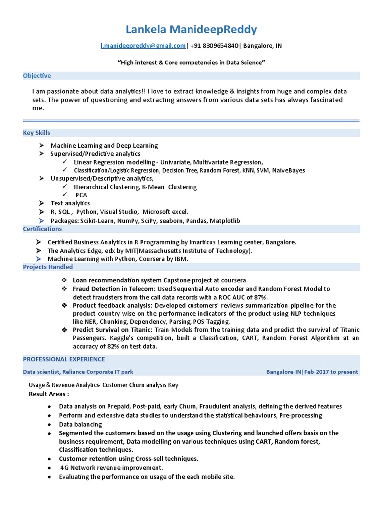 Manideep Data Scientist Pdf Predictive Analytics Machine Learning