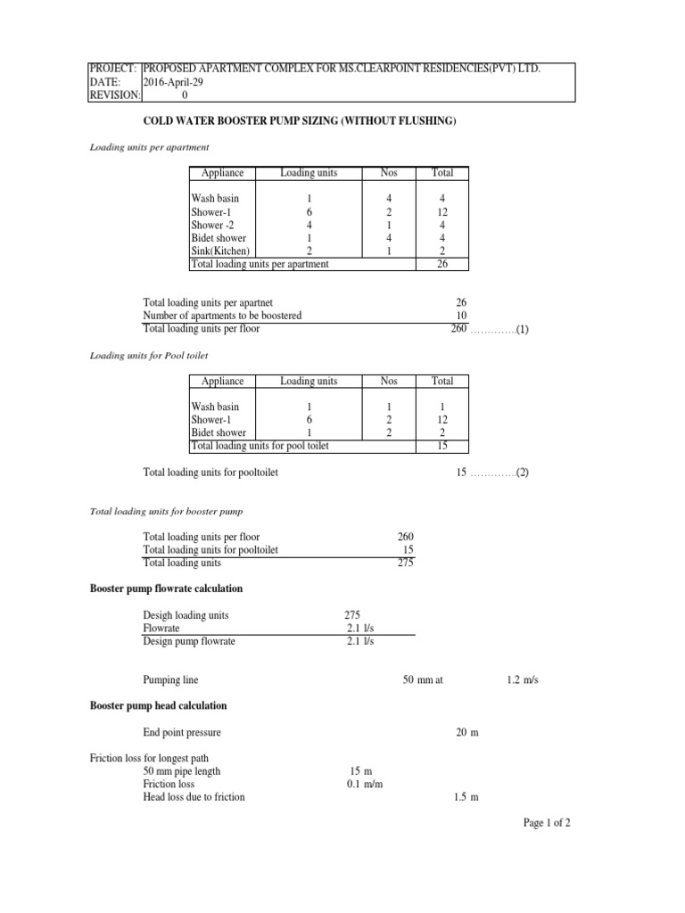 Cold Water Booster Pump Sizing (Without Flushing) Loading Units Per