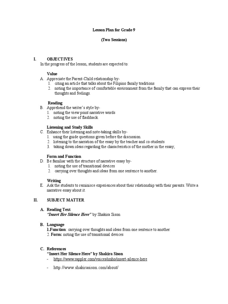 Insert Her Silence Here Lesson Plan PDF Essays Narrative