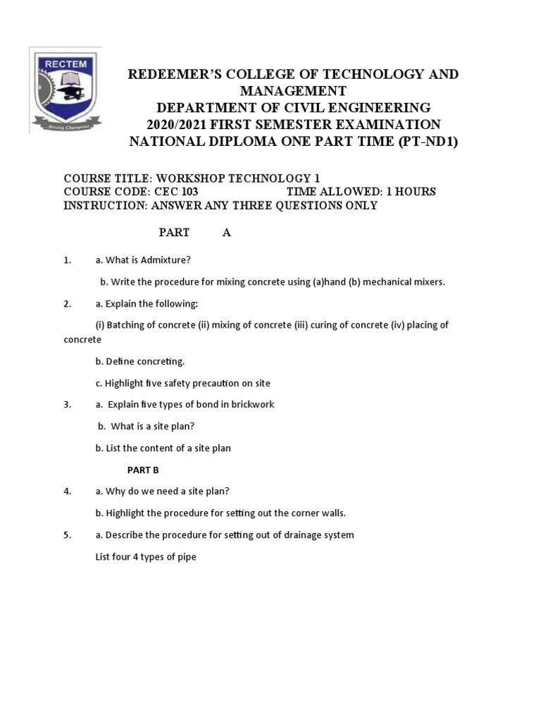 CEC 103 Workshop Technology Exam Guide | PDF | Concrete | Architectural ...