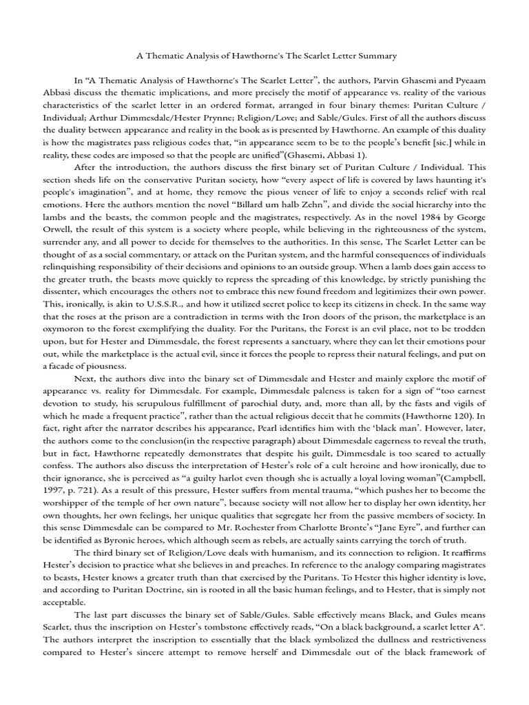 A Thematic Analysis of Hawthorne's The Scarlet Letter Summary | PDF ...