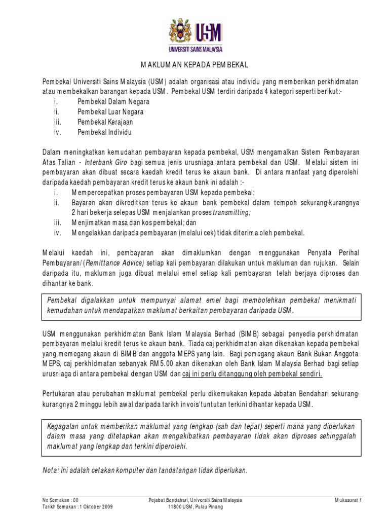 Makluman Kepada Pembekal Pdf