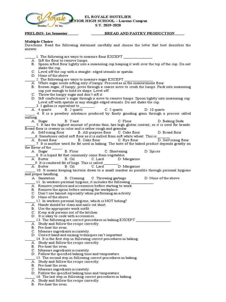 Bread and Pastry Production Exam Tos PDF Dough Breads