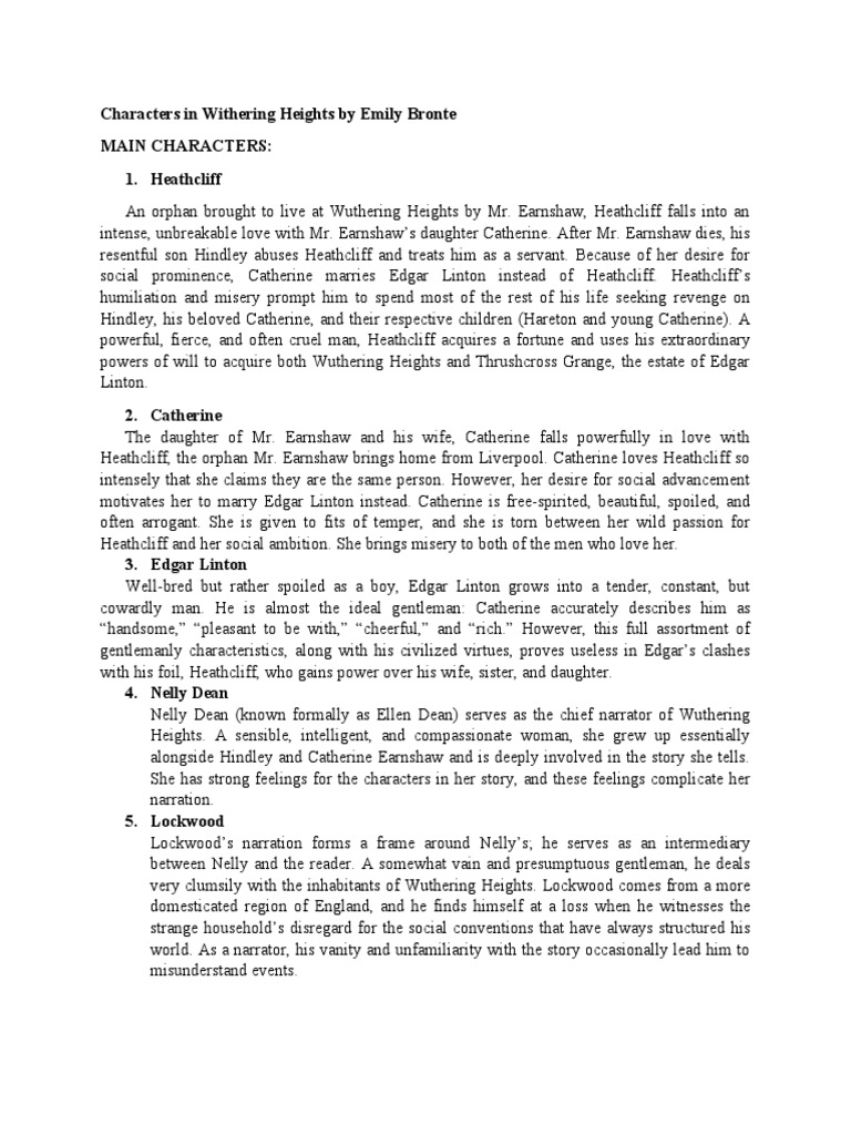 Characters in Wuthering Heights | PDF | Heathcliff (Wuthering Heights ...