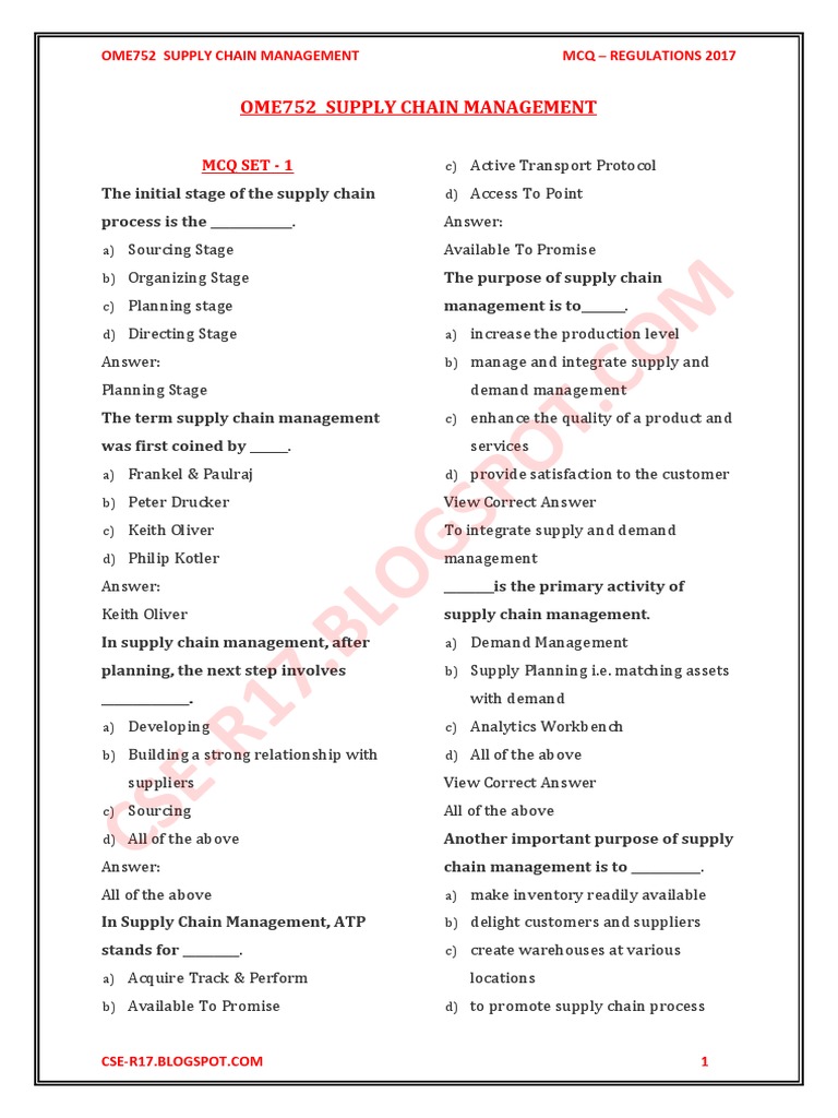An Accurate Title for a Supply Chain Management Multiple Choice Question Document PDF Supply