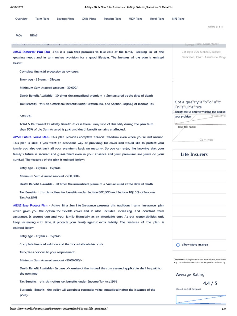 Aditya Birla Sun Life Insurance - Policy Details, Premium & Benefits (1 ...