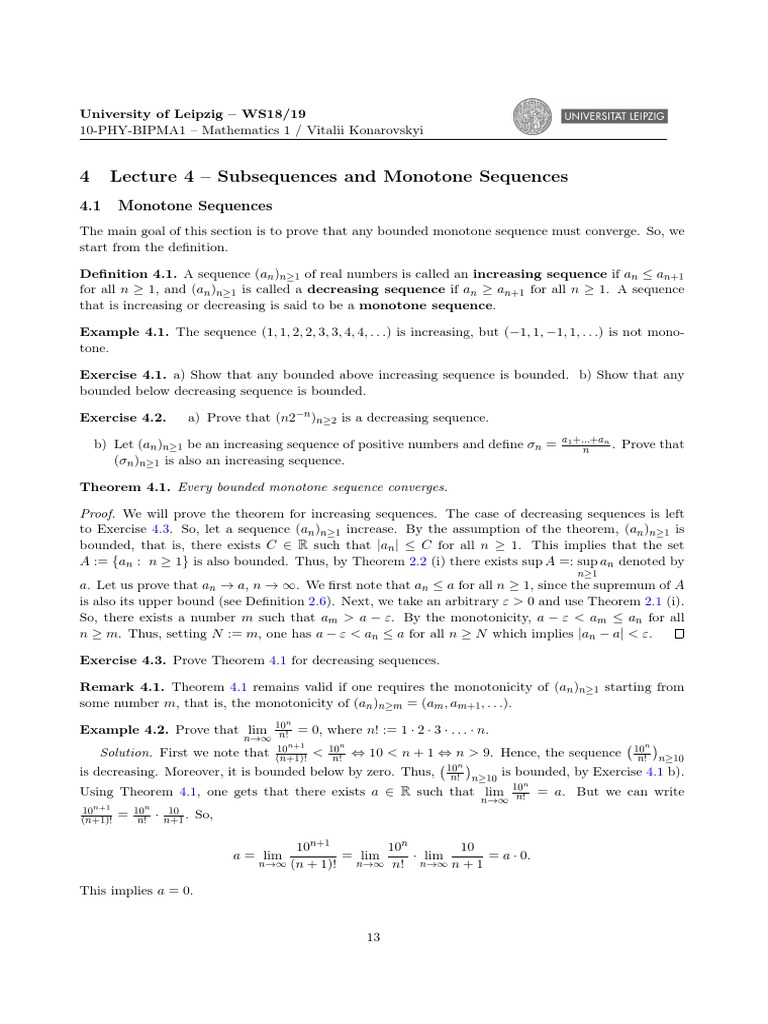 4 Lecture 4 - Subsequences and Monotone Sequences | PDF | Sequence ...