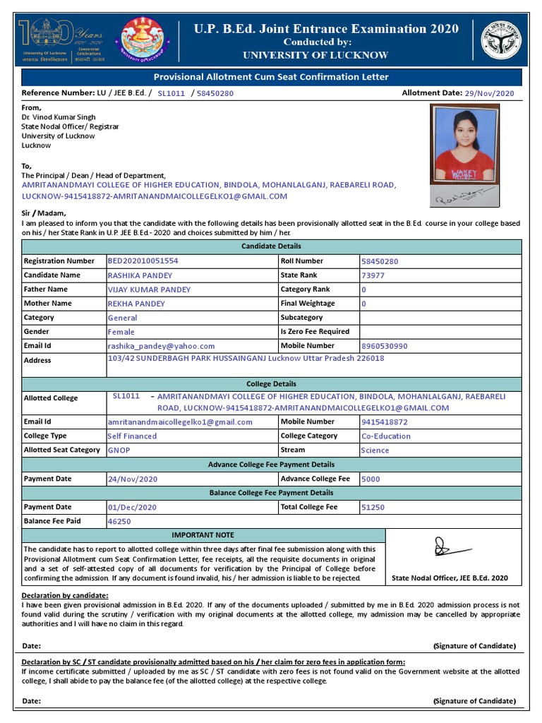 Provisional Allotment Cum Seat Confirmation Letter PDF Business