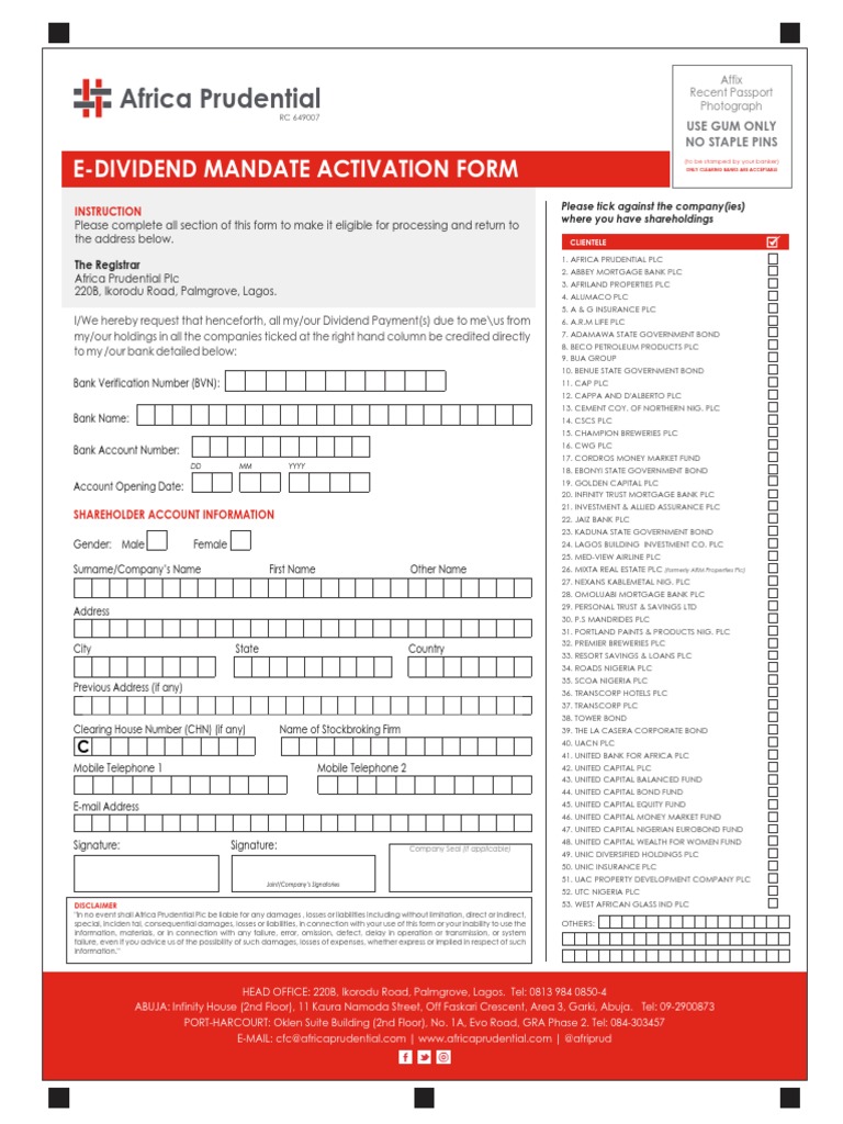 Africa Prudential: E-Dividend Mandate Activation Form | PDF | Banks ...