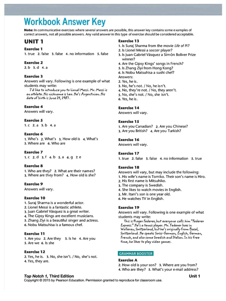 Top Notch 1, 3° Edicion Workbook Answer Key Download Free PDF