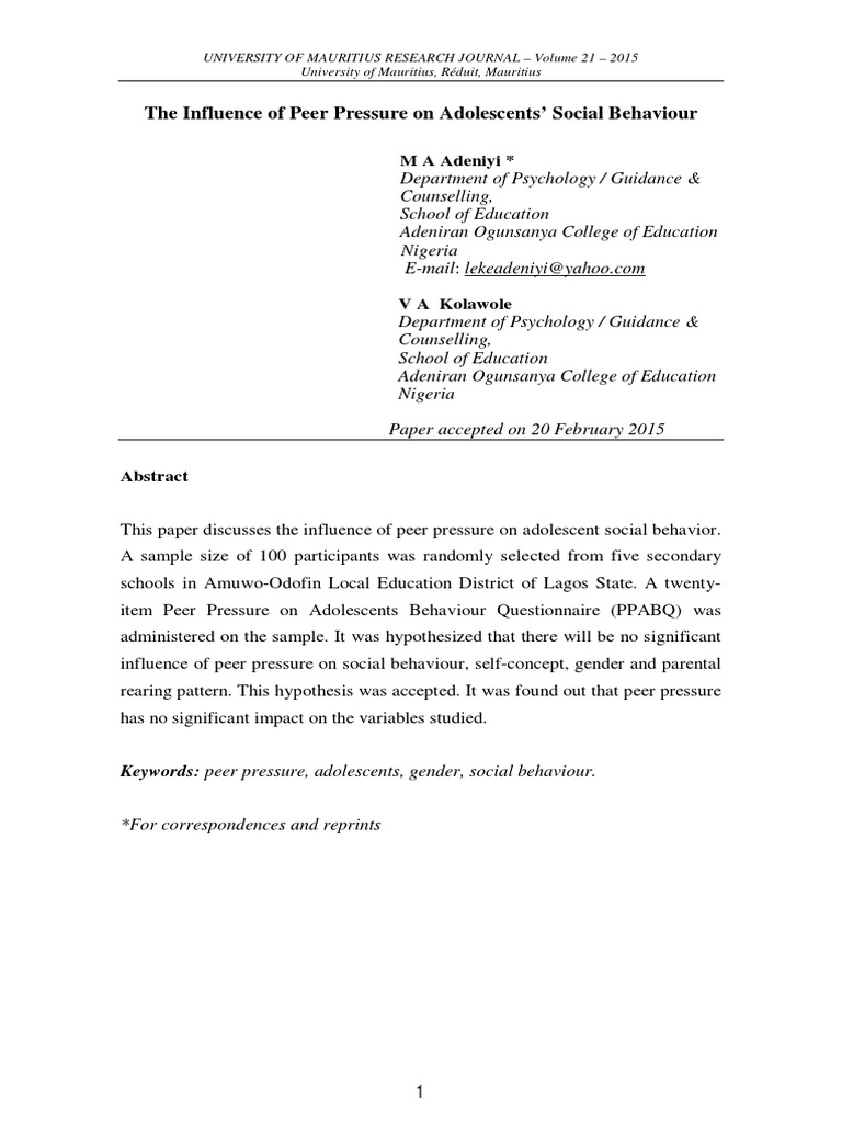 The Influence of Peer Pressure On Adolescents' Social Behaviour | PDF ...
