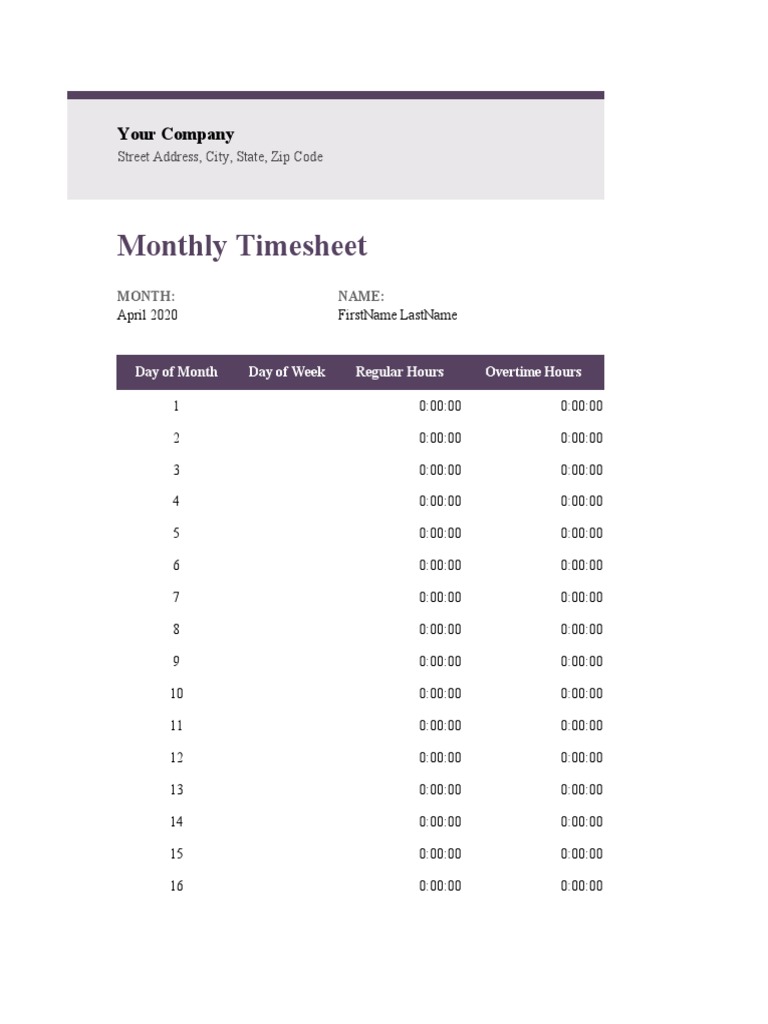 Monthly Timesheet Template for Google Sheets | PDF | Working Time ...
