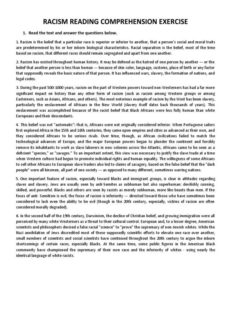 Racism Reading Comprehension Exercise 1. Read The Text and Answer The