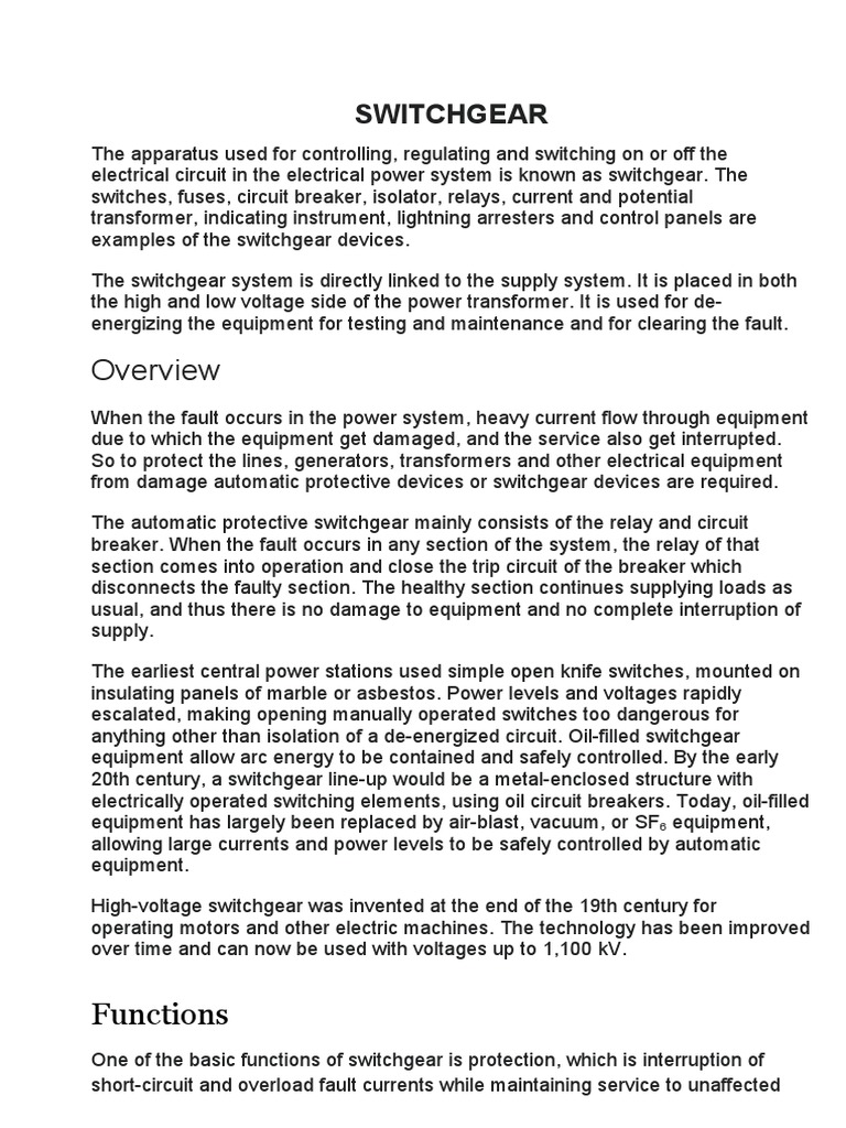 Switchgear Functions PDF Transformer Components
