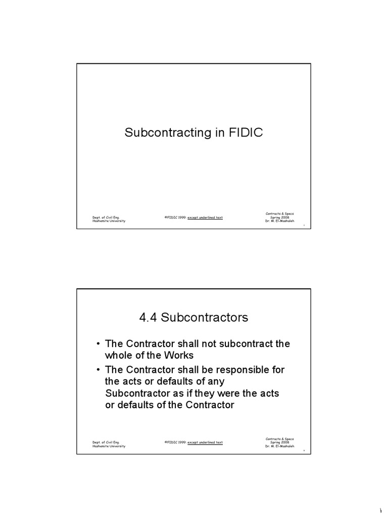 9 Subcontracting In FIDIC PDF Subcontractor Indemnity