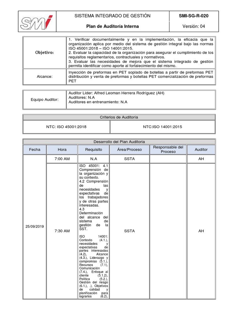 Plan de Auditoría Interna ISO 45001 y 14001 | PDF | Auditoría ...