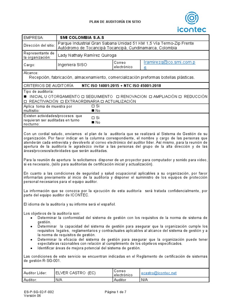 Plan de Auditoría ISO 14001 y 45001 | PDF | Auditoría | Contralor