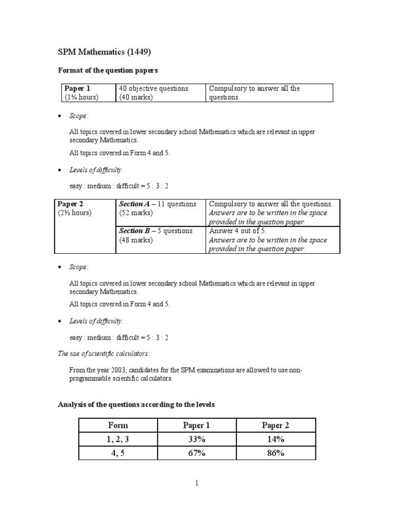 SPM Mathematics Exam Format Overview | PDF | Area | Equations