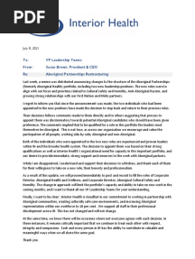 Interior Health Memo - Aboriginal Partnerships Restructuring
