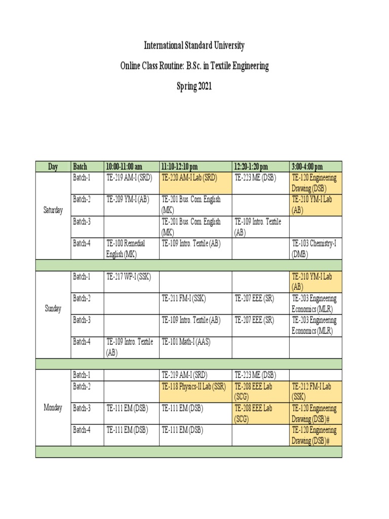 Updated & Final Online Class Routine - TE | PDF | Textiles | Science ...
