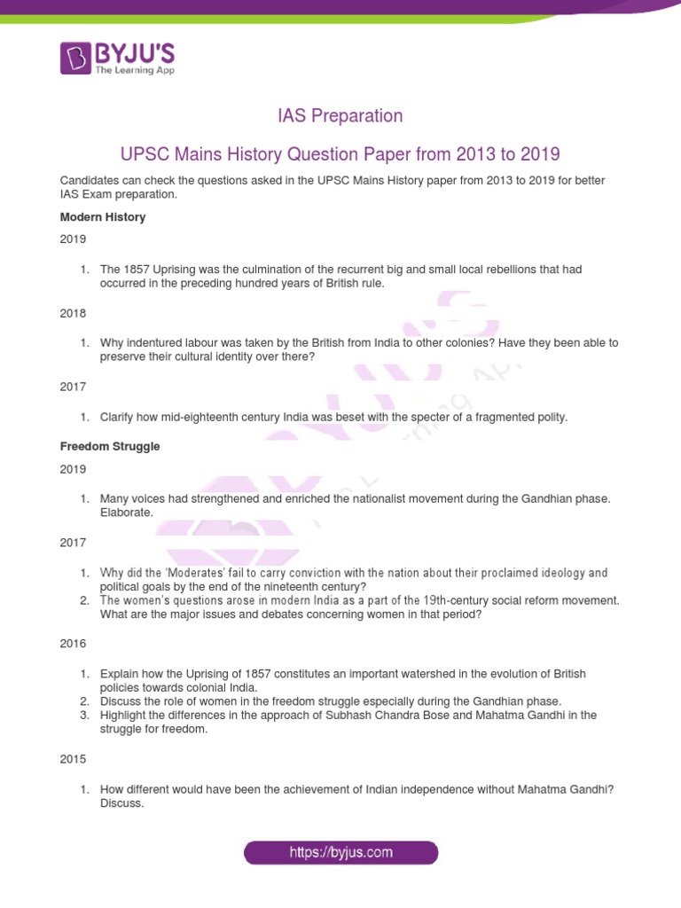 UPSC History Mains Questions 2013-2019 | PDF | British Raj | Indian ...