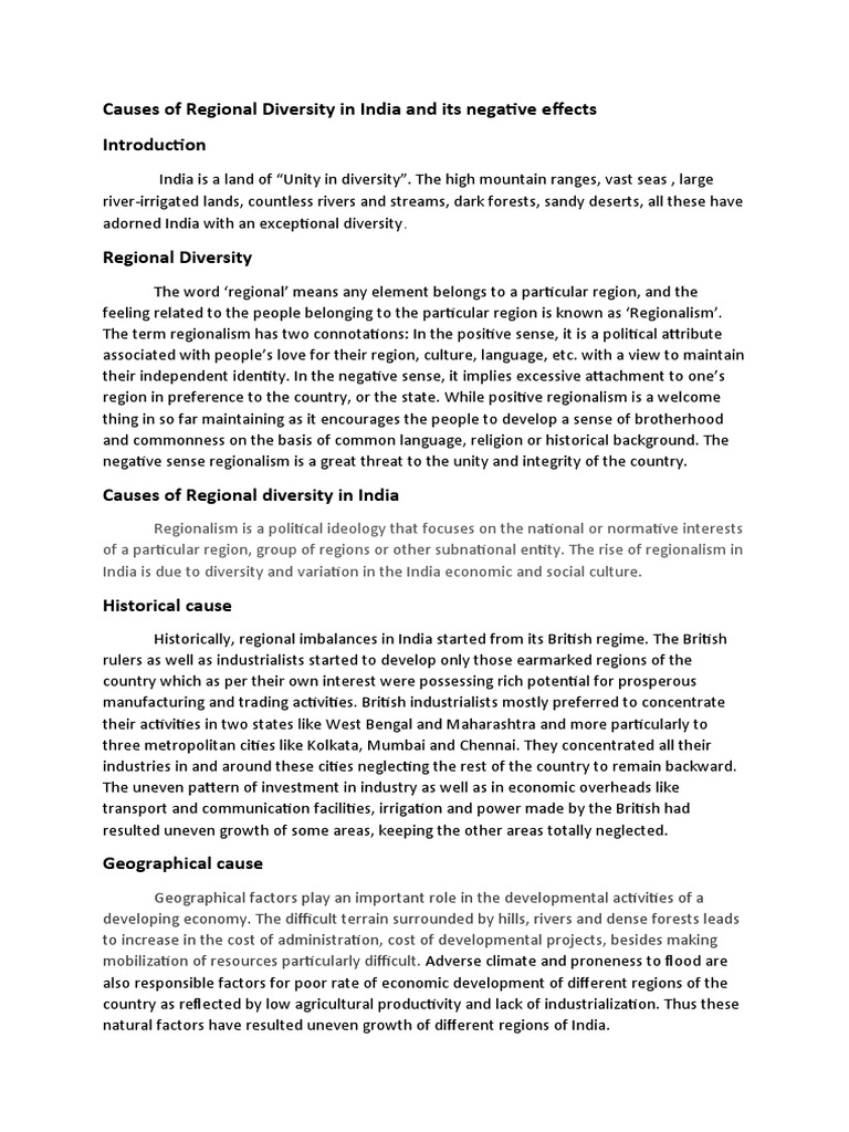 Causes of Regional Diversity in India and Its Negative Effects | PDF ...