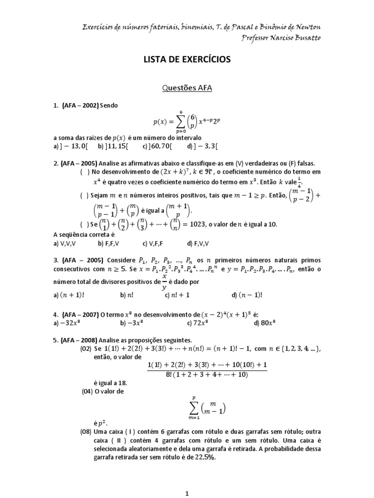 Lista De Exerc cios Sobre N meros Fatoriais Binomiais Pascal E Newton 