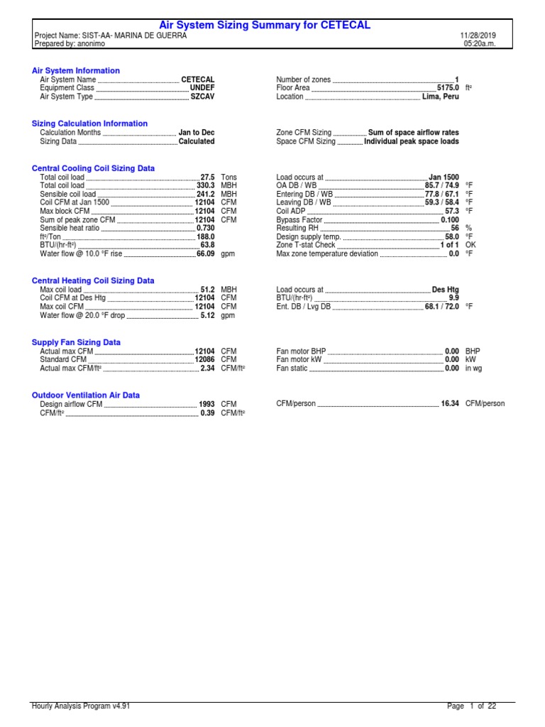 CETECAL Air System Sizing Summary | PDF | Ventilation (Architecture ...