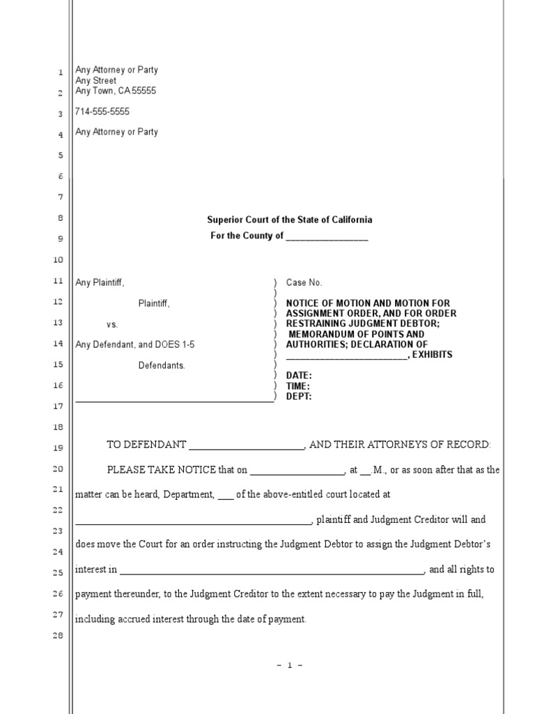 California Assignment Order Motion Sample | PDF | Judgment (Law) | Lawsuit